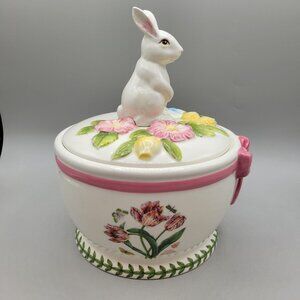 Portmeirion Botanic Garden Terrace Bunny Cookie Jar Box Ceramic Lid Pink Tulip